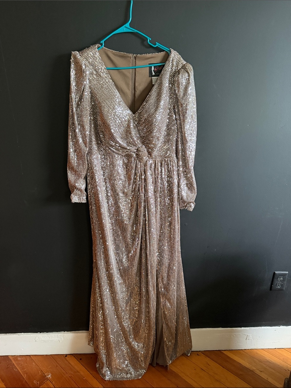 Mac Duggal Silver Sequin Wrap Long Sleeve Gown